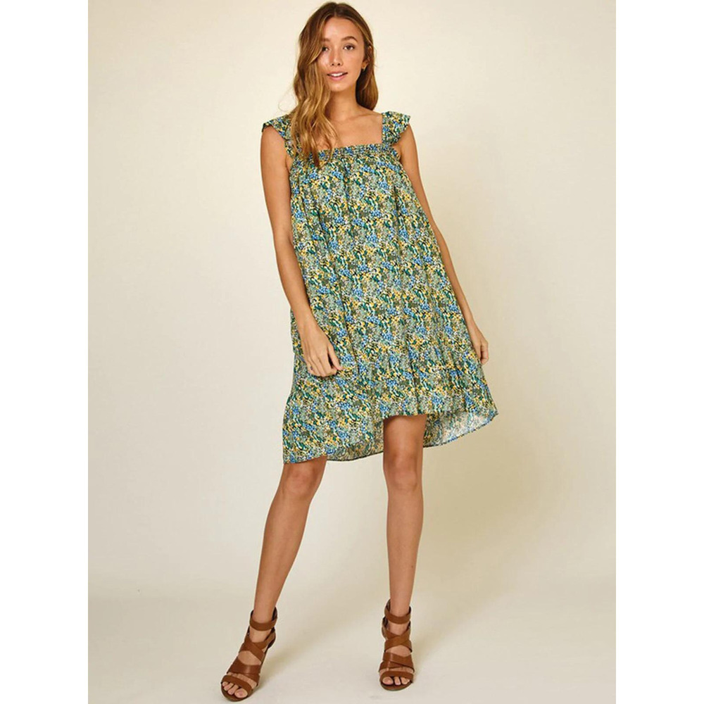 Teal Green Floral Babydoll Sleeveless Mini Dress